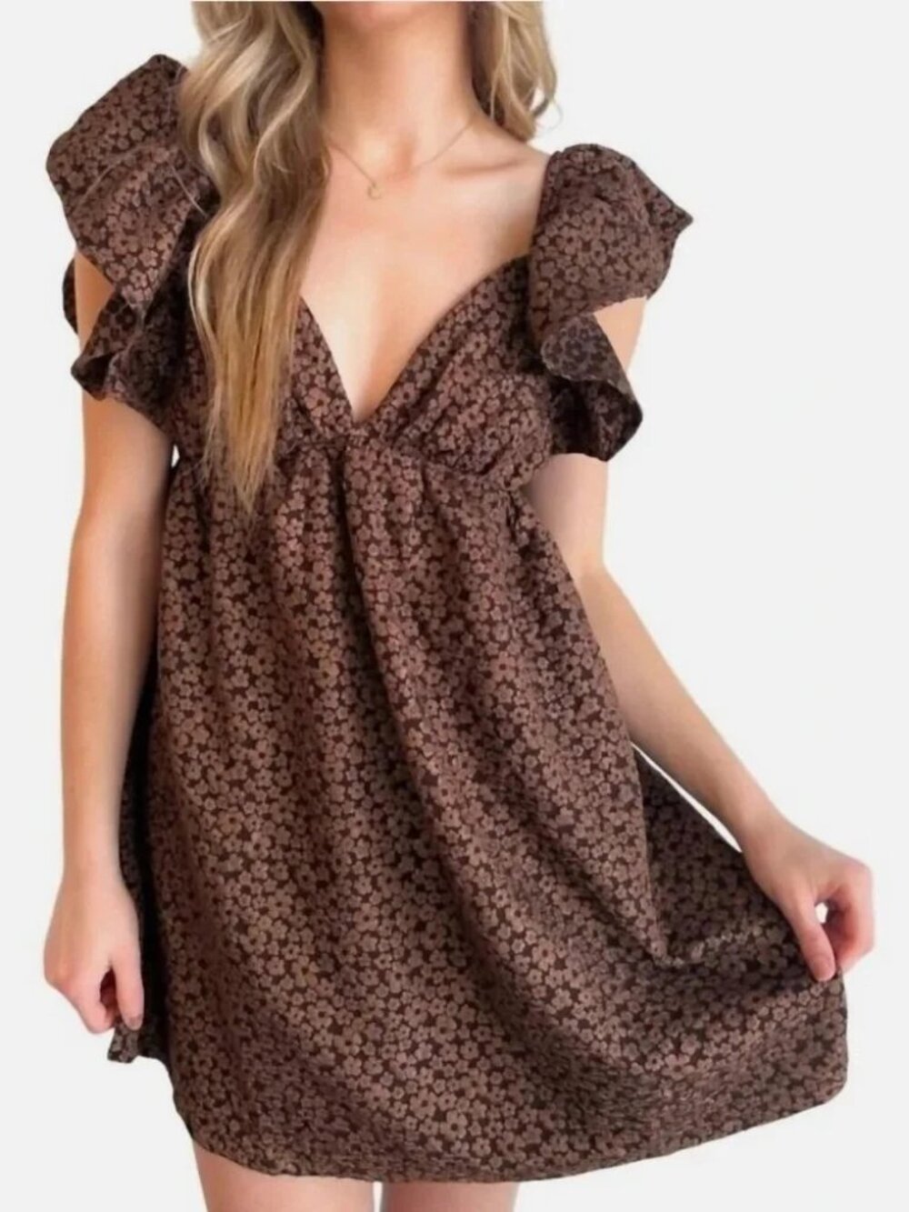 NWT Day + Moon Linds Dress Sz S Mini Babydoll Brown Floral Coquette Ruffle Bow